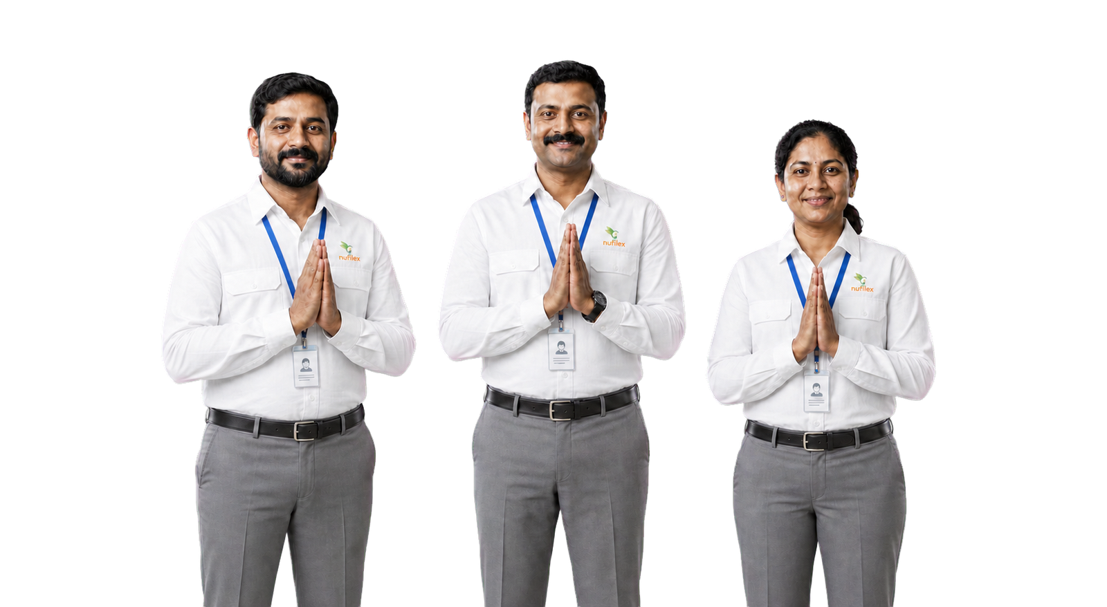 Three Indian agronomists in tucked white Nutrilex uniforms, grey trousers and blue employee ID lanyards greeting farmers with Namaste